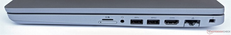 Côté droit : lecteur de carte micro SD (au-dessus), emplacement pour carte SIM (au-dessous), 2 USB A 3.2 Gen 1, HDMI, GigabitLAN, verrou de sécurité Kensington.
