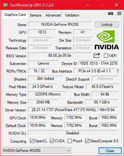 Lenovo ThinkPad T490 - GPU-Z Nvidia GeForce MX250.