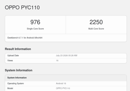 Fiche Geekbench 6.7.1 de l'Oppo A7 Pro Max (PYC110)