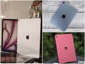 Un collage de trois images montrant un iPad argenté avec sa boîte, un iPad mini bleu sur une surface en bois et un iPad rose à l'extérieur (Source de l'image : Notebookcheck)