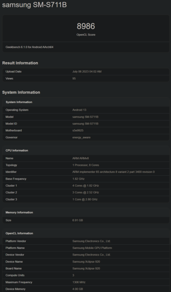 Samsung Galaxy S23 FE Geekbench listing (image via Geekbench)