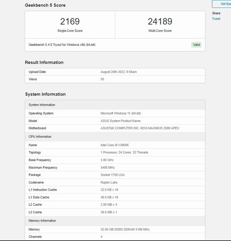 Entrée Geekbench 5 pour le Core i9-13900K. (Source : Geekbench)