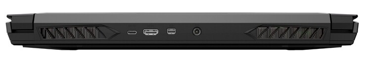 A l'arrière : USB C 3.1 Gen2 avec DisplayPort, HDMI 2.0, mini DisplayPort 1.4, entrée secteur.