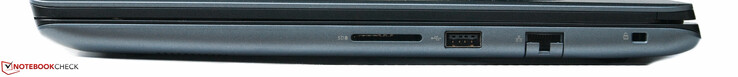 Côté droit : lecteur de carte SD, 1 USB, 1 Ethernet, verrou de sécurité Noble.