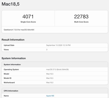 Résultat Geekbench 7 de l'Apple M6.