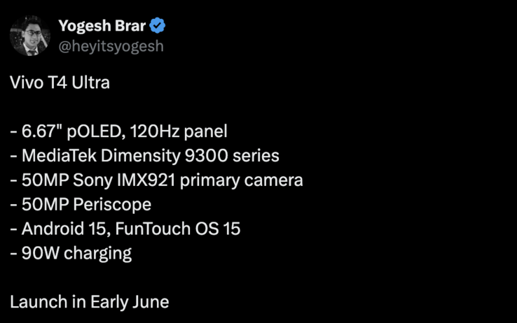 Fuite de détails sur le Vivo T4 Ultra. (Source de l'image : X)
