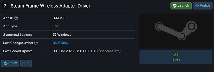 Pilote de l'adaptateur sans fil Steam Frame répertorié sur SteamDB.