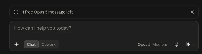 Le compteur de messages de la période d’essai de 3 messages d’Opus 5 diminue à mesure que vous interagissez davantage avec l’application.