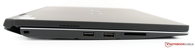 Côté gauche : verrou de sécurité Kensington, 2 USB A 2.0, lecteur de carte SD.