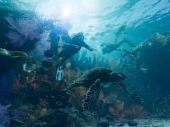 Exploration sous-marine de GTA 6 avec des personnages en tenue de plongée et des animaux sauvages. (Source de l&#039;image : Rockstar)