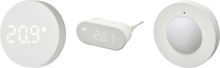 De gauche à droite : le capteur de température et d'humidité Timmerflotte, le moniteur de qualité de l'air Alpstuga et le capteur de mouvement sans fil Myggspray. (Source de l'image : ifun.de)