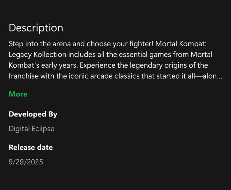 Une fuite de l'application Xbox pour Mortal Kombat : Legacy Kollection sortira le 29 septembre 2025 (Image source : u/ByrdofMemes via Imgur, originellement partagée sur Reddit)