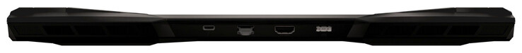 Dos : Thunderbolt 4 (USB-C ; DisplayPort), Ethernet 2,5 Gb/s, HDMI, adaptateur secteur