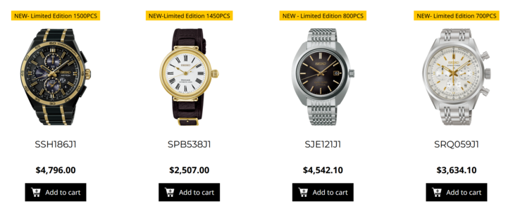 Sur la photo, vous trouverez les listes de produits des quatre montres Seiko avec leur prix en SG$.