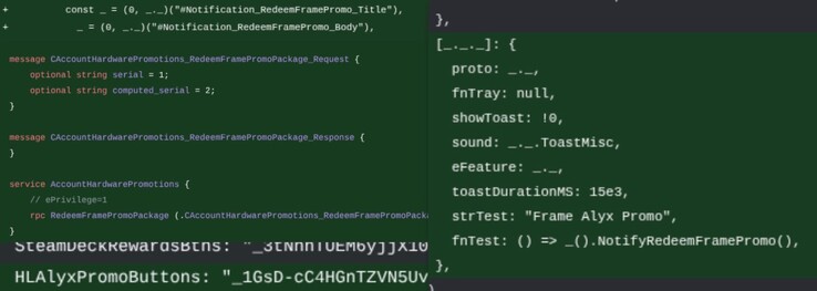 Promotion de Half-Life Alyx dans le code backend de Steam.