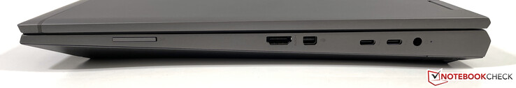 Côté droit : Lecteur de carte SD, HDMI 2.0b, Mini-DisplayPort 1.4, 2x Thunderbolt 4 (USB 4, 40 Gbps), alimentation
