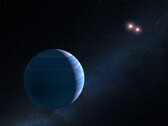 Illustration montrant une exoplanète et deux étoiles rouges.