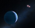 Illustration montrant une exoplanète et deux étoiles rouges.