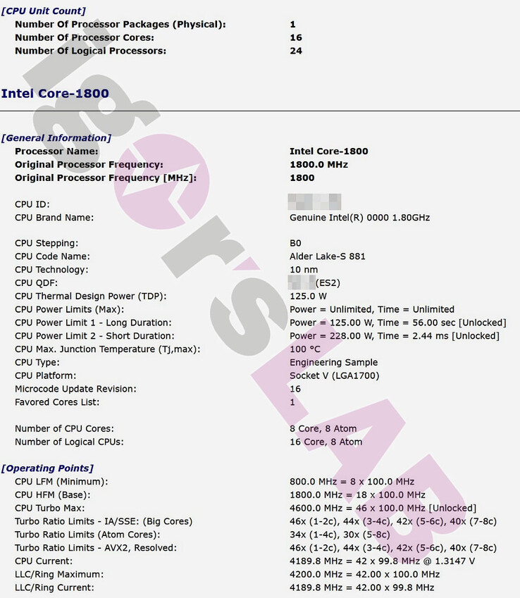 Spécifications techniques présumées du Core-1800 ES d'Intel Alder Lake-S. (Source : Igor'sLAB)