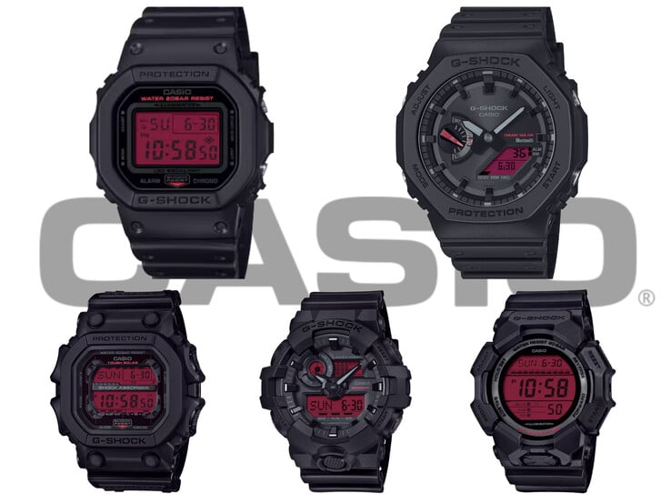 Dans le sens des aiguilles d'une montre, en partant du haut à gauche : Casio DW-5600BBR-1, GA-B2100BBR-1A, GD-010BBR-1JF, GA-700BBR-1AJF et GX-56BBR-1A - toute la gamme G-Shock "Black and Bold Red" en un seul coup d'œil. (Source de l'image : Casio)