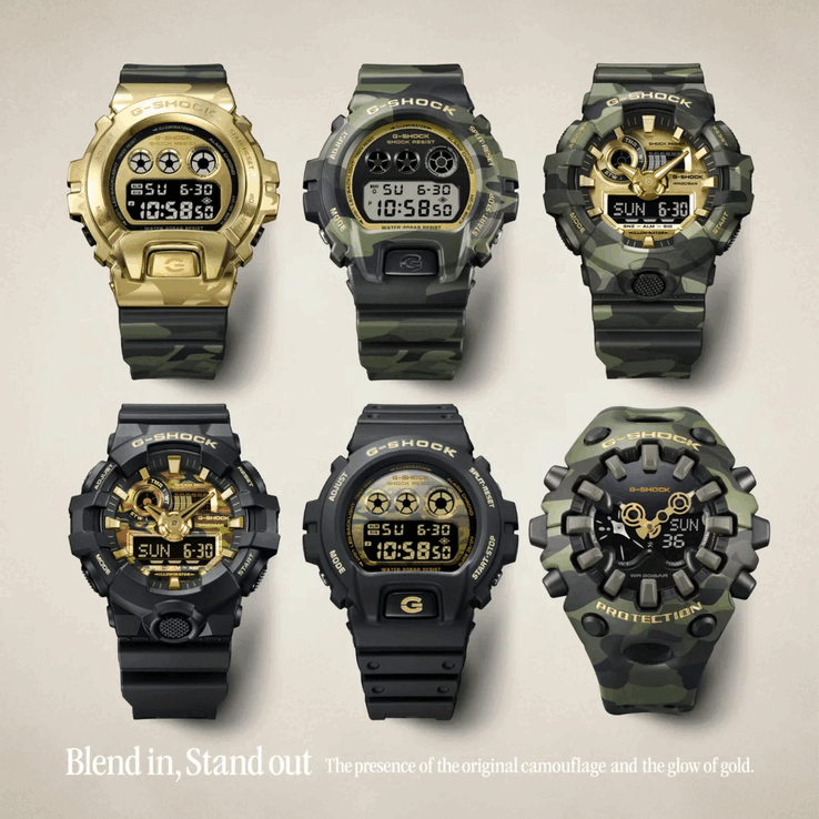 Le G-Shock GM-6900CMG-3, le DW-6900CMG-3, le GA-700CMG-3AJF, le GA-700CF-1A, le DW-6900CF-1, et le GA-V01CMG-3A (les noms commencent en haut à gauche et vont vers la droite)