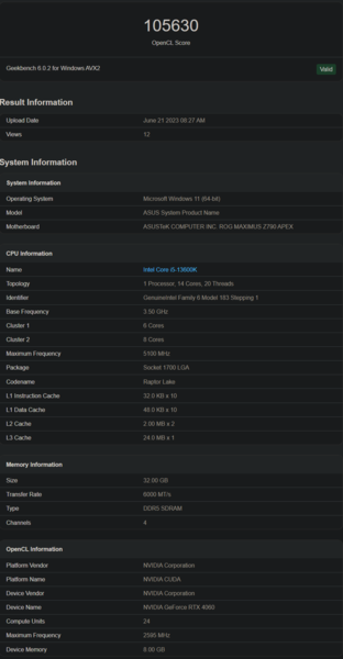 Nvidia GeForce RTX 4060 Performance OpenCL (image via Geekbench)