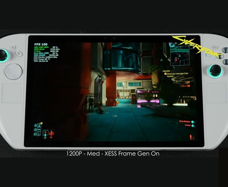 Abxylute 3D One handheld exécutant Cyberpunk 2077 à 1200p paramètres moyens avec XeSS Frame Generation activé, montrant 100 FPS à l'écran. (Source de l'image : ETA PRIME via YouTube)