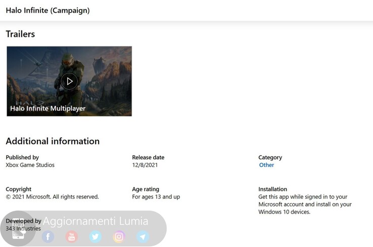 Liste de la boutique Microsoft Store pour Halo Infinite (image via Aggiornamenti Lumia)
