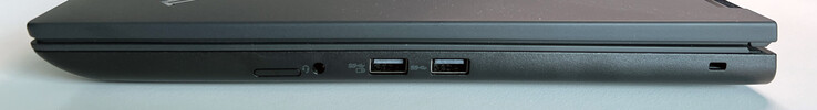 A droite : Emplacement pour carte SIM (en option), prise audio 3,5 mm, USB-A 3.2 Gen. 1 (5 GBit/s, alimenté), USB-A 3.2 Gen. 1 (5 GBit/s), fente Kensington