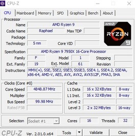 AMD Ryzen 9 7950X - CPU-Z. (Image Source : Weibo)