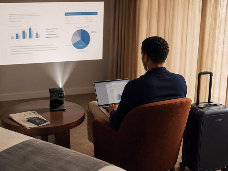 Le projecteur à trois volets Aurzen Zip Pro peut être utilisé pour le télétravail avec des ordinateurs portables.