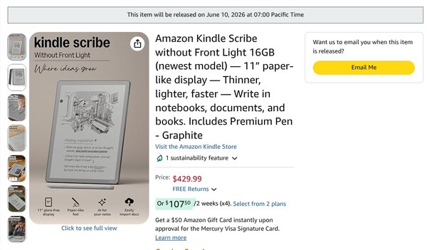 Le Kindle Scribe sans lumière frontale a la même date de sortie dans toutes les régions.