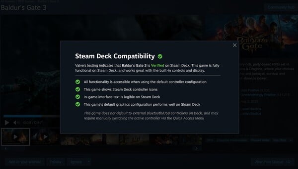 Baldur's Gate 3 Steam Deck description vérifiée (Source de l'image : capture d'écran, Steam)