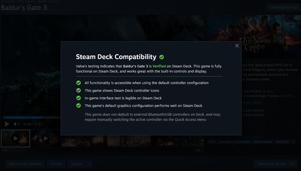 Baldur's Gate 3 Steam Deck description vérifiée (Source de l'image : capture d'écran, Steam)