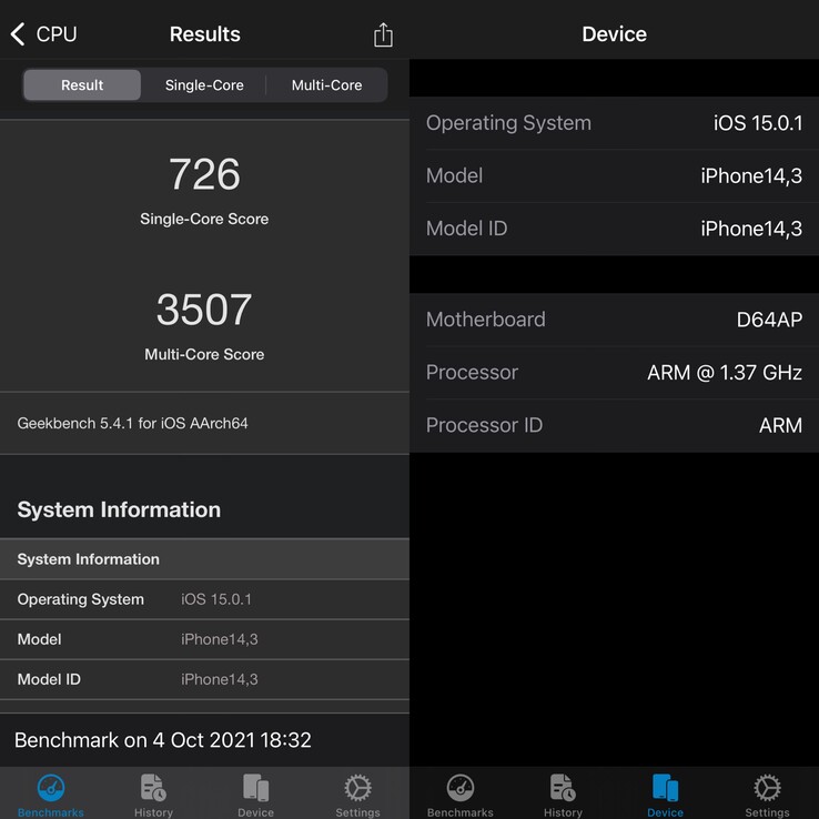 résultat Geekbench 5 du mode basse consommation de l'iPhone 13 Pro Max. (Image : Notebookcheck)