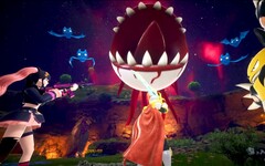 Capture d'écran de Palworld montrant des personnages combattant un globe oculaire flottant aux dents acérées