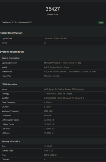 Score Vulkan de l'AMD Ryzen 7 8700G (image via Geekbench)