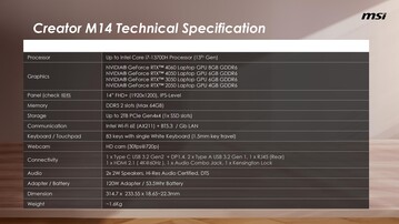 MSI Creator M14 - Spécifications. (Source : MSI)