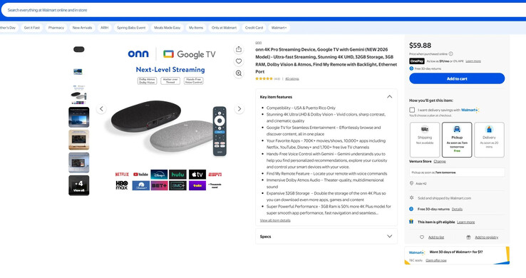 Onn 4K Pro (2026) Liste Walmart.