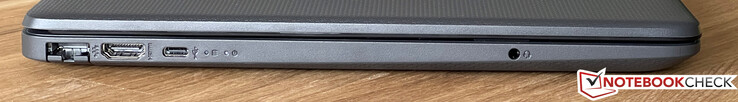 À gauche : Gigabit ethernet, HDMI, USB-C 3.2 Gen.1 (5 GBit/s), prise audio de 3,5 mm