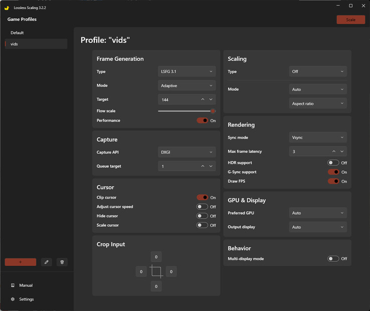 Mon profil pour la mise à l'échelle sans perte de la génération d'images dans les jeux, limitée avec goût à 2X pour les titres verrouillés à 30 ou 60 FPS.