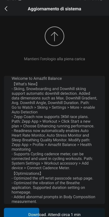 La mise à jour 3.16.4.3 de l'Amazfit Balance (Image source : Matteo Calori via Facebook)