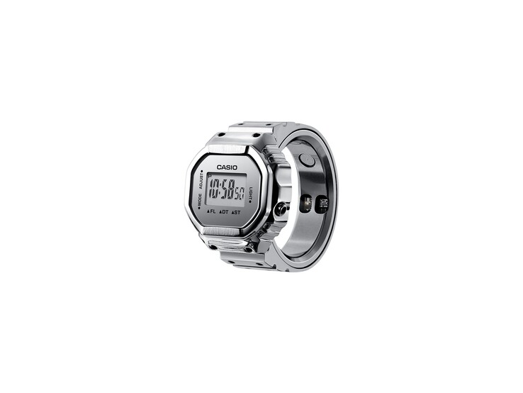Vue en angle de la montre-bague connectée Casio CRW-H001M-8 argentée, montrant l'écran numérique et les capteurs de santé intégrés à la bague.