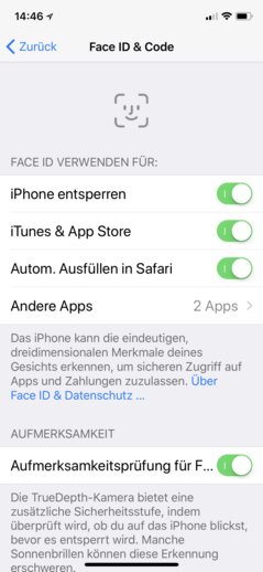 Paramétrages Face ID.