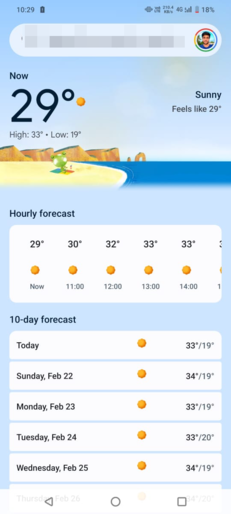 Interface de l'application Google Weather