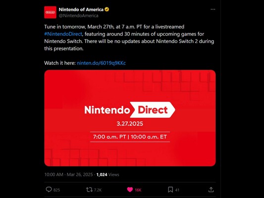 Nintendo Direct du 27 mars annonce X (Source de l'image : capture d'écran, compte X de Nintendo of America)