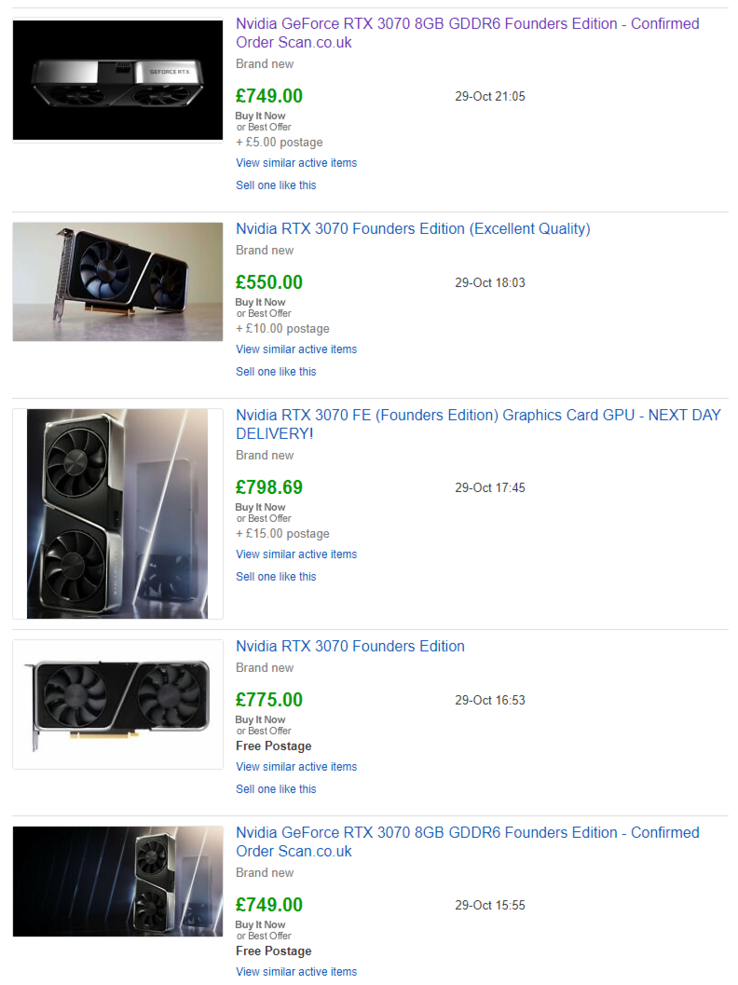 Le RTX 3070 Founders Edition s'est vendu bien au-delà de son prix catalogue de 469 £ sur eBay. (Source de l'image : eBay UK)