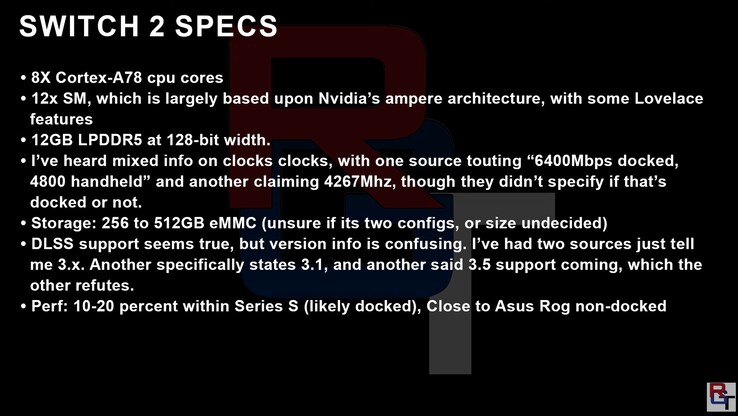 Spécifications prétendument "précises" de la Switch 2. (Source de l'image : RedGamingTech)