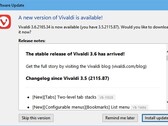 Notification de mise à jour du navigateur Vivaldi 3.6 (Source : Own)