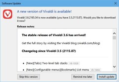 Notification de mise à jour du navigateur Vivaldi 3.6 (Source : Own)